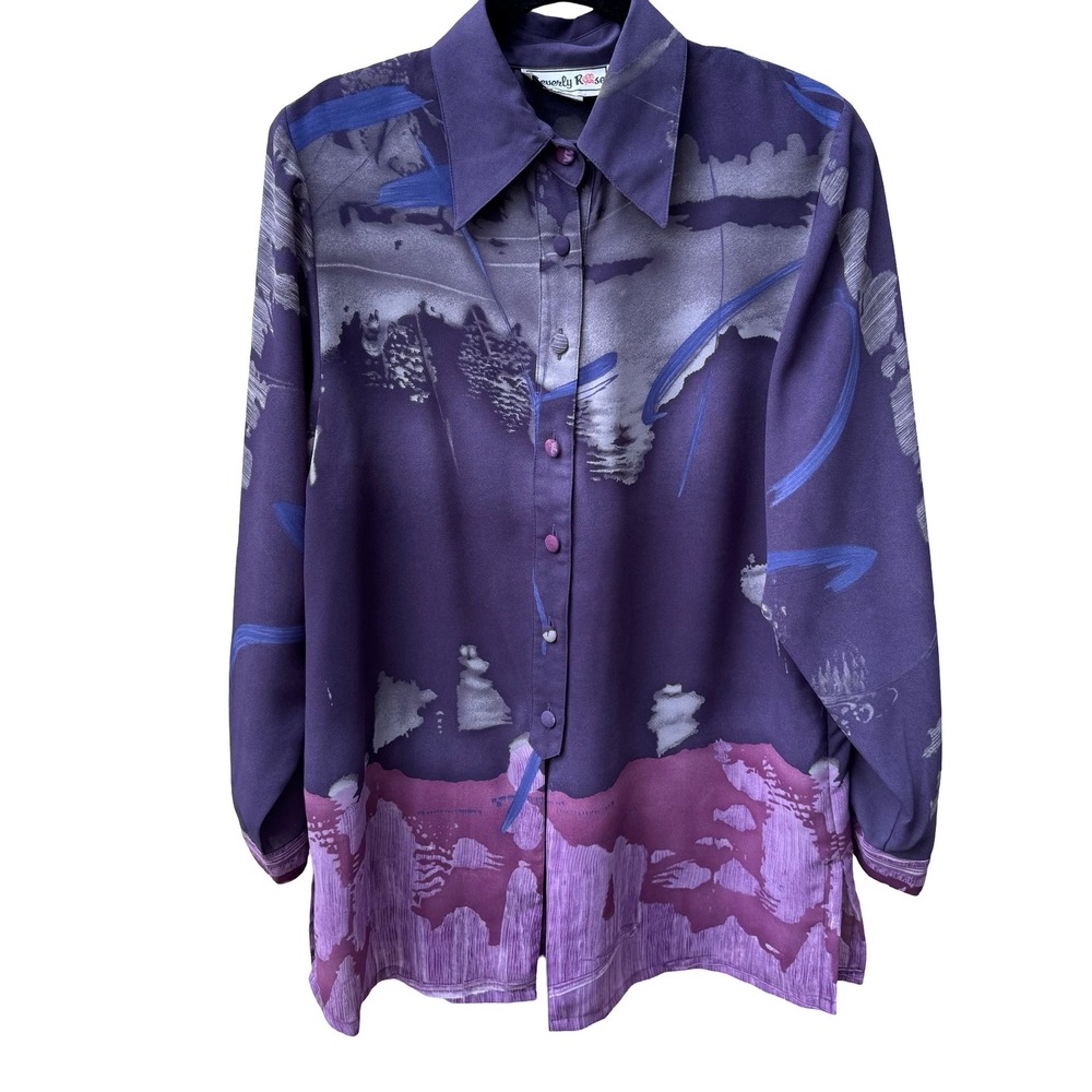 Beverly Rose Vintage 80s‎ Art To Wear Purple Abstract Landscape Print Blouse L